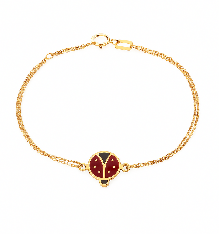 18K Yellow Gold Red Enamel Ladybug  CharmDouble Chain Bracelet
