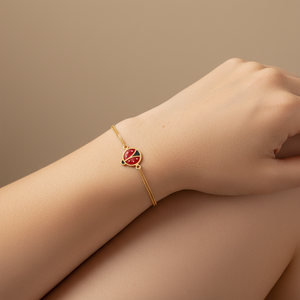 18K Yellow Gold Double Chain Bracelet with red enamel ladybug charm 1 9gr 6"