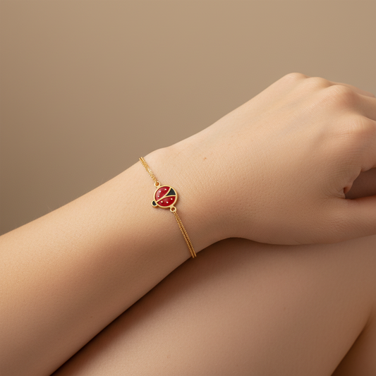 18K Yellow Gold Double Chain Bracelet with red enamel ladybug charm 1 9gr 6"