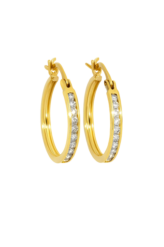 14K Yellow Gold Channel Setting Diamond Hoop Earrings