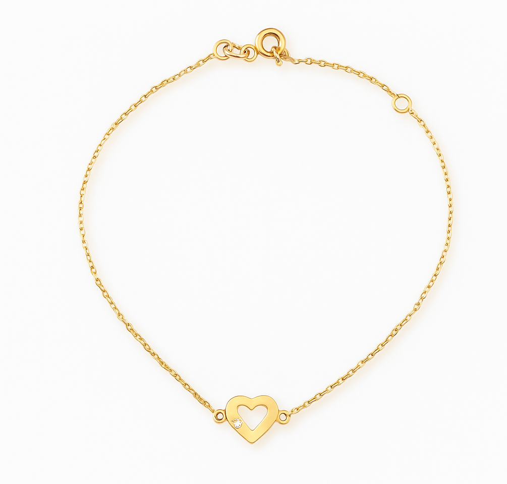 Yellow Gold Bracelet with one heart setting with one setting with Cubic Zirconia, 14k,  6 1/2 to 7 1/2 Inches Adjustable