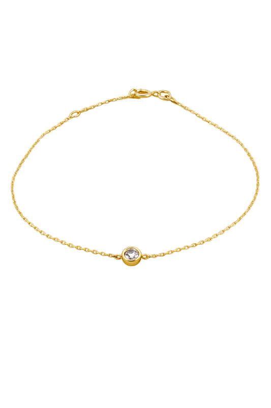 14K Yellow Gold Bracelet setting with one Cubic Zirconia 6 1/2 to 7 1/2" Adjustable