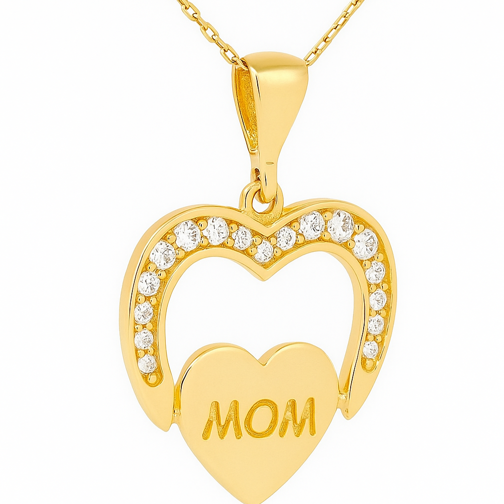 Yellow Gold Necklace with Heart Pendant with the word  MOM  setting with Cubic Zirconia , 14k