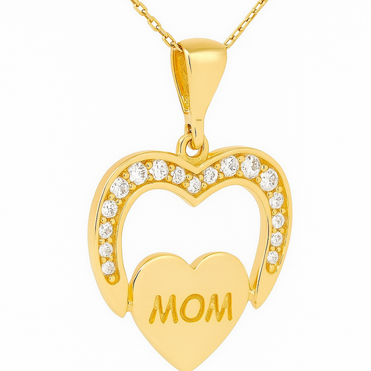 Yellow Gold Necklace with Heart Pendant with the word  MOM  setting with Cubic Zirconia , 14k