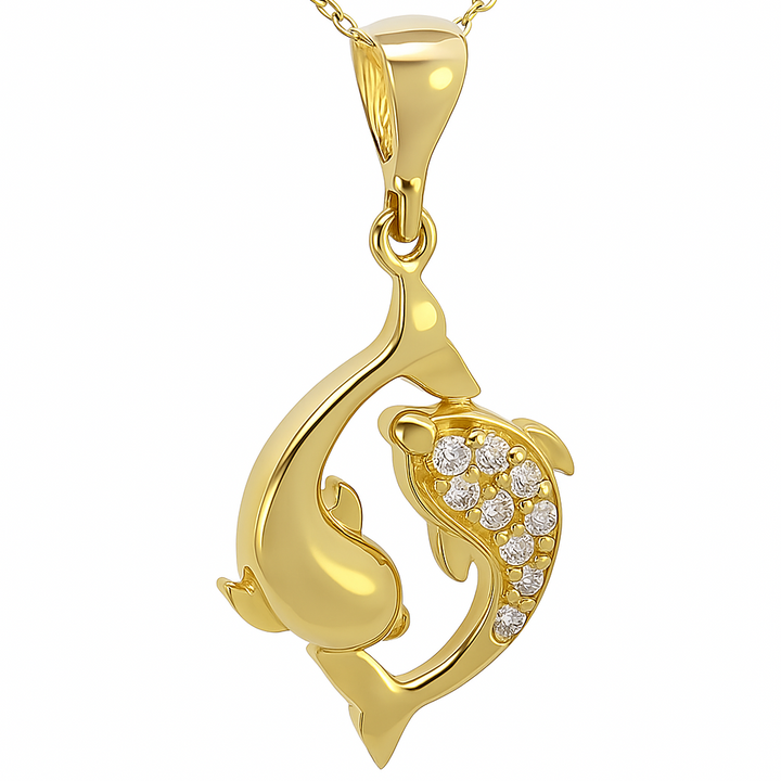 14K Yellow Gold Necklace Two Dolphines Pendant setting with Cubic Zirconia