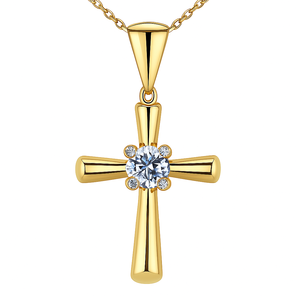 Yellow Gold Chain with Cross Pendant  setting with one Cubic Zirconia in center, 14k
