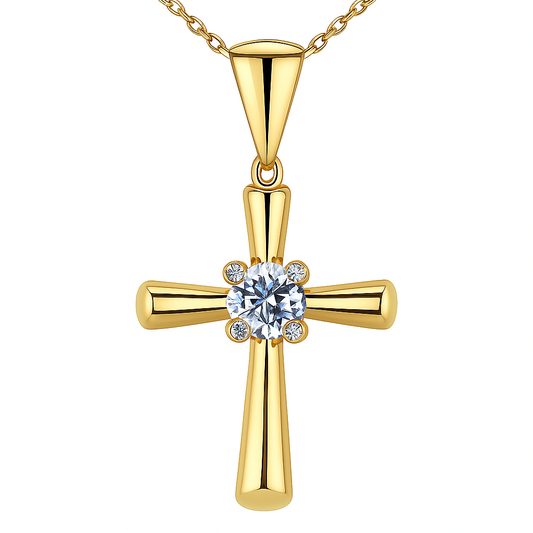 Yellow Gold Chain with Cross Pendant  setting with one Cubic Zirconia in center, 14k