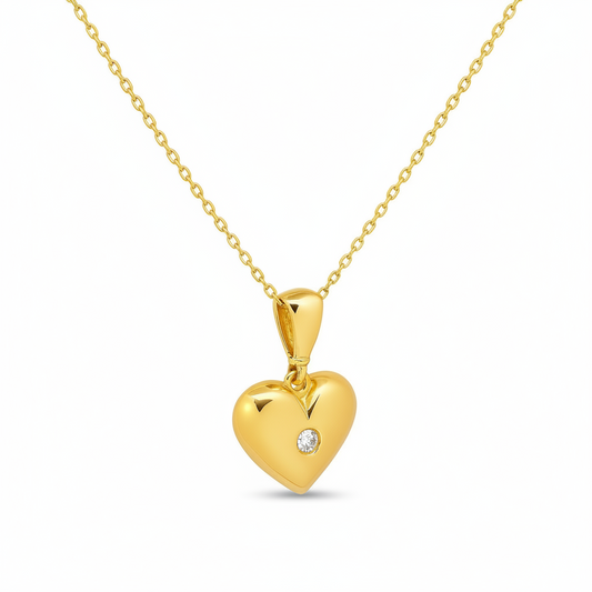 Yellow Gold Necklace with Heart Pendant setting with one Cubic Zirconia in center, 14k