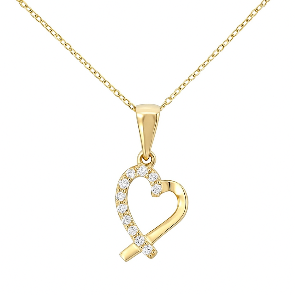 Yellow Gold Necklace  with Slanted Heart Pendant setting with Cubic Zirconia , 14k