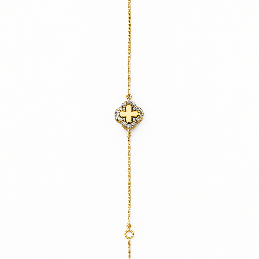 Yellow Gold Bracelet With clover setting with Cubic Zirconia, 14k, 6 1/2 to 7 1/2 Inches Adjustable