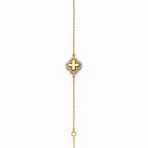 Yellow Gold Bracelet With clover setting with Cubic Zirconia, 14k, 6 1/2 to 7 1/2 Inches Adjustable