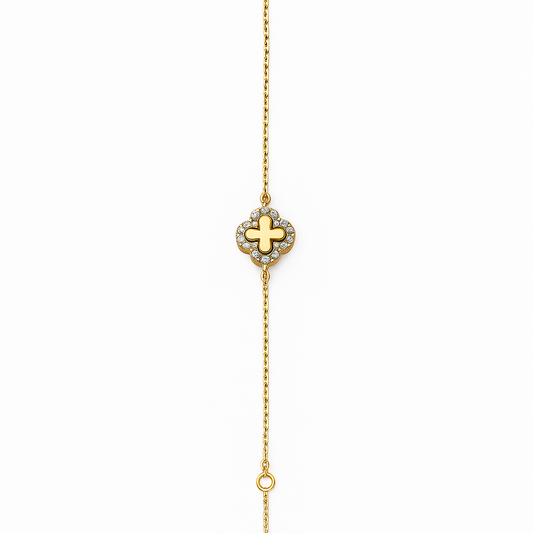 Yellow Gold Bracelet With clover setting with Cubic Zirconia, 14k, 6 1/2 to 7 1/2 Inches Adjustable
