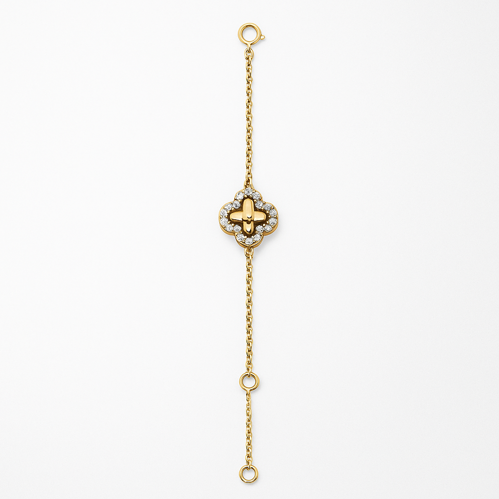 Yellow Gold Bracelet With clover setting with Cubic Zirconia, 14k, 6 1/2 to 7 1/2 Inches Adjustable