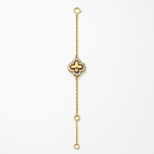 Yellow Gold Bracelet With clover setting with Cubic Zirconia, 14k, 6 1/2 to 7 1/2 Inches Adjustable