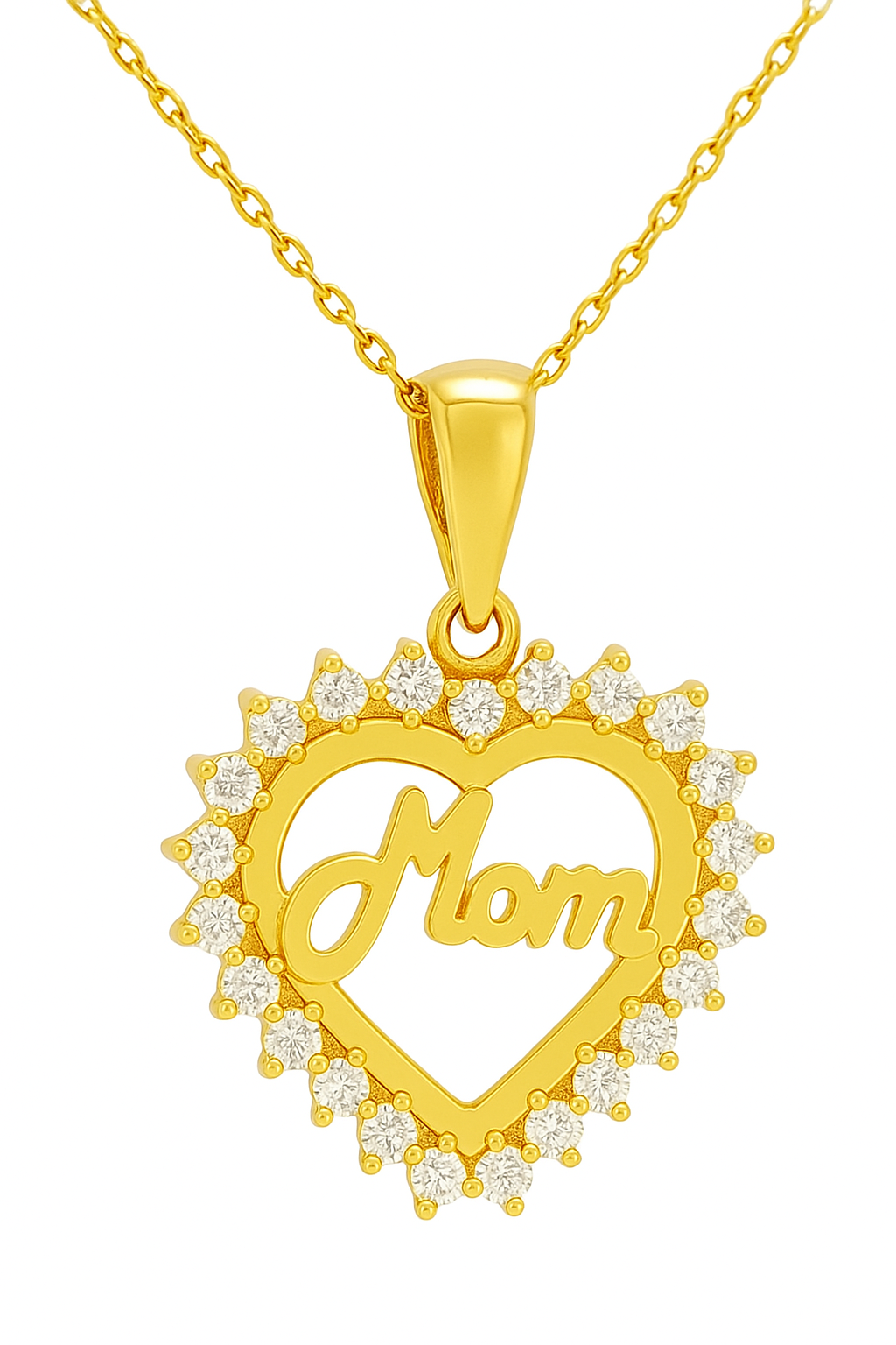 Yellow Gold Necklace with Heart Pendant with the word  MOM  setting with Cubic Zirconia , 14k