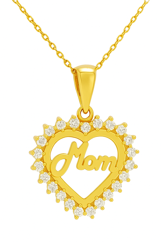 Yellow Gold Necklace with Heart Pendant with the word  MOM  setting with Cubic Zirconia , 14k
