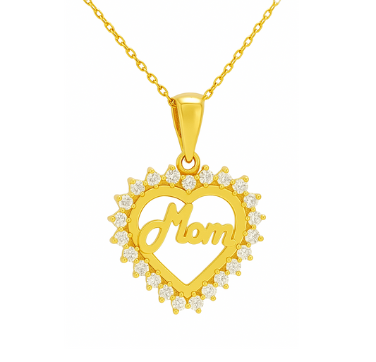 Yellow Gold Necklace with Heart Pendant with the word  MOM  setting with Cubic Zirconia , 14k