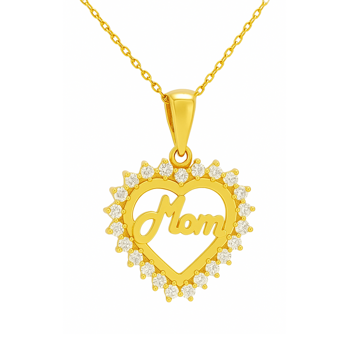 14K Yellow Gold Necklace with Heart Pendant with the word MOM setting with Cubic Zirconia