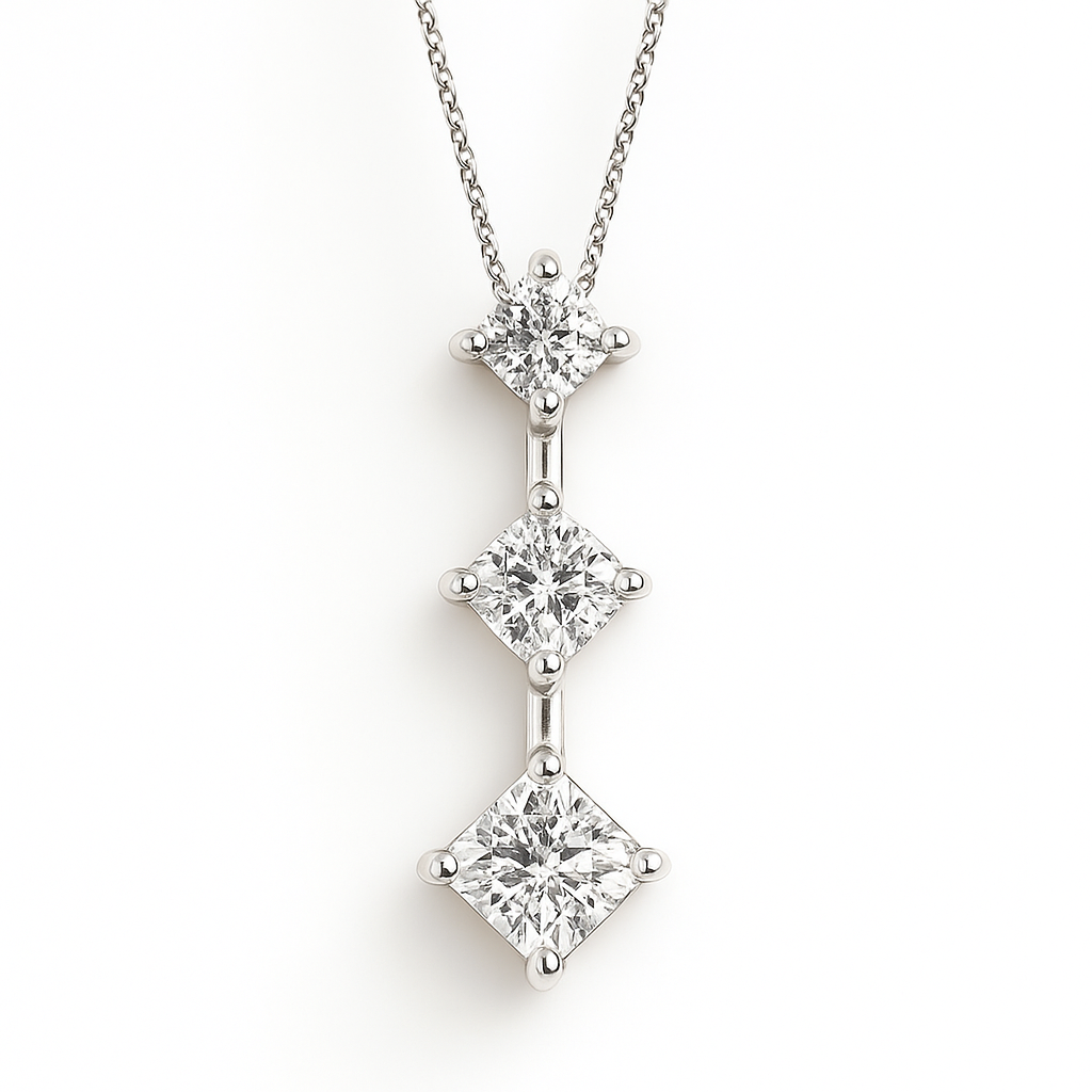White Gold Pendant with 3 Princess Cut Diamonds in a Single Row.  TDW: 0.97 CT SI 1-2 GH, 14k