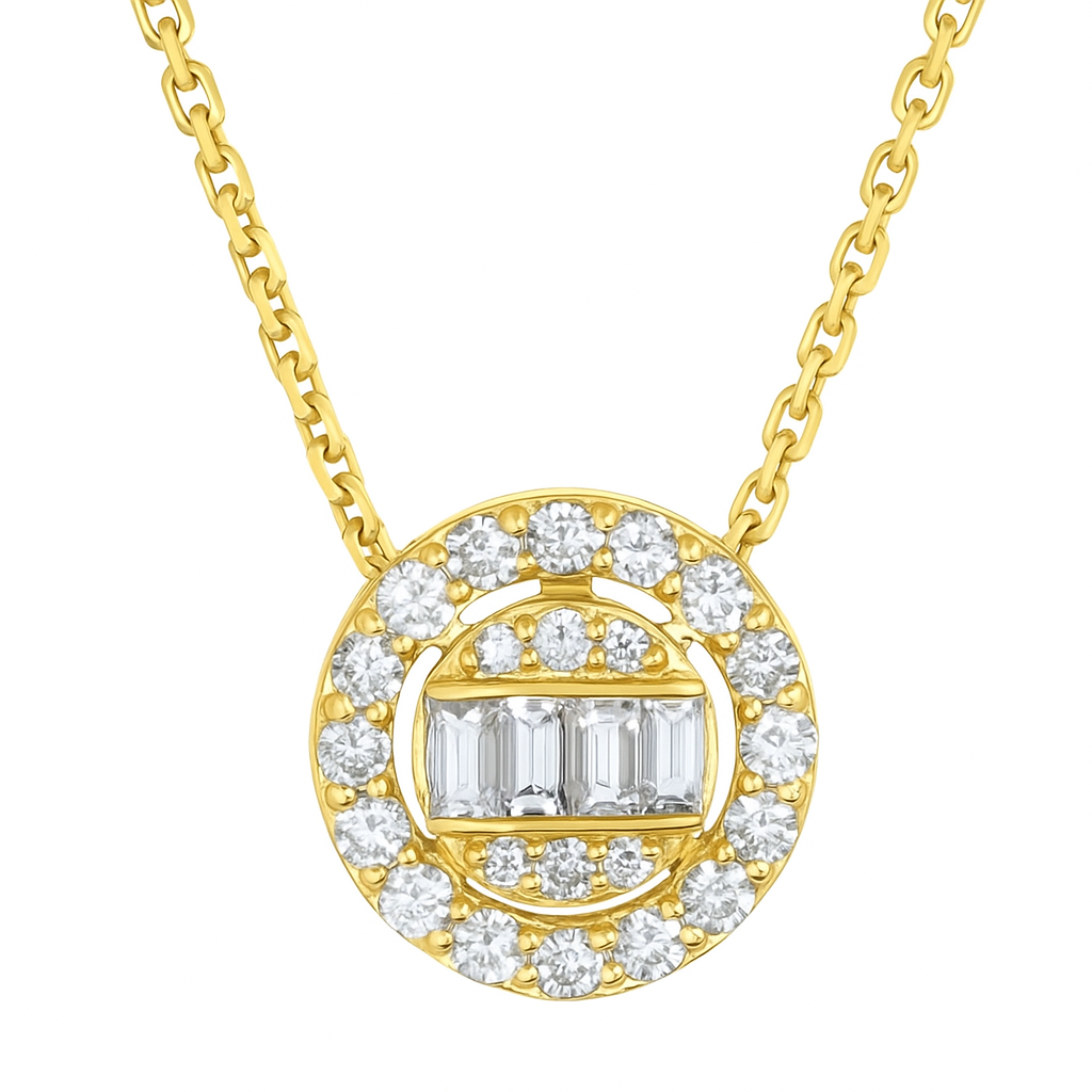 Yellow Gold Necklace setting with Baguette cut and round diamond halo Style, 18k, TDW: 0.2ct