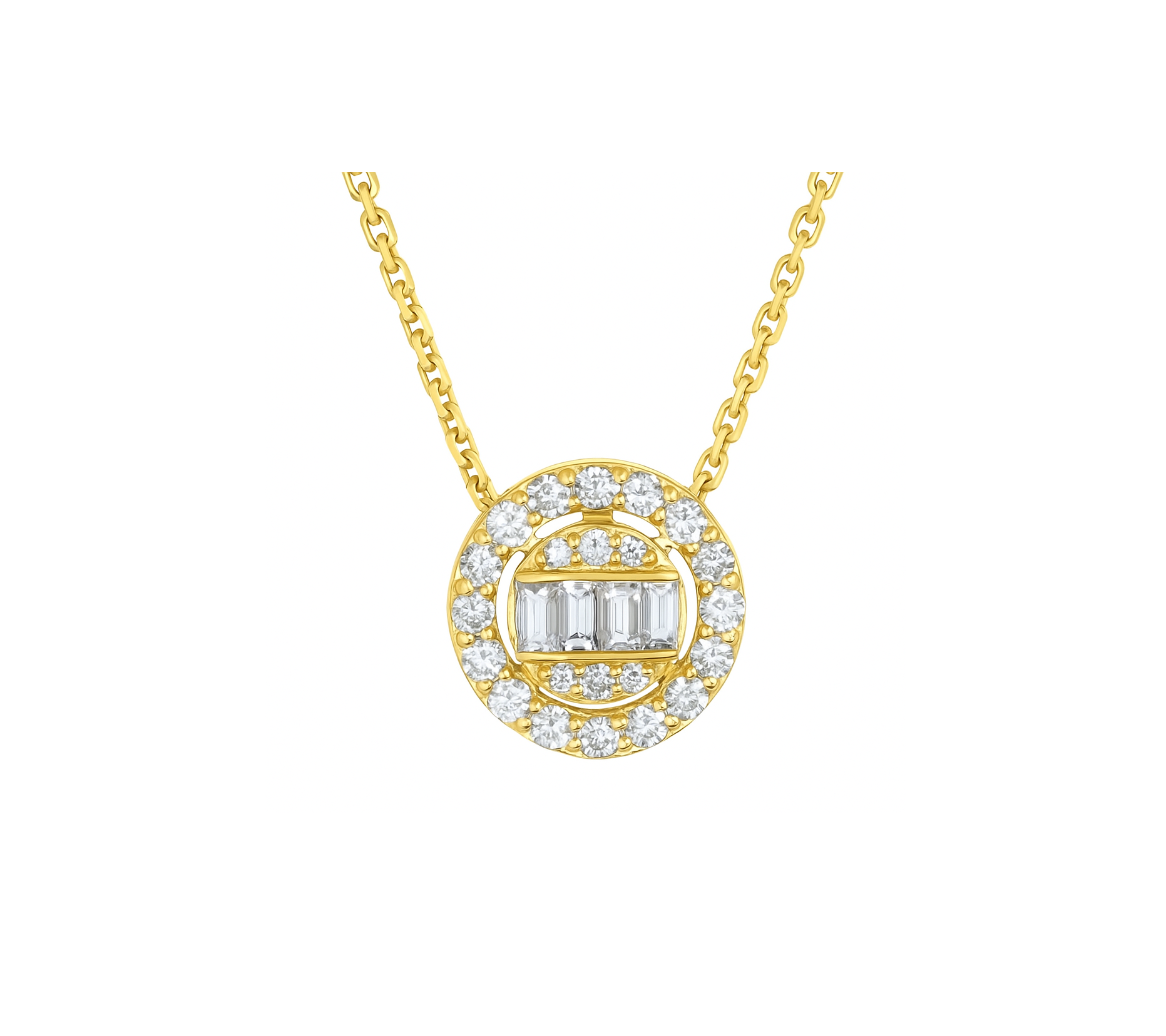 18K Yellow Gold Baguette Diamond Halo Circle Necklace