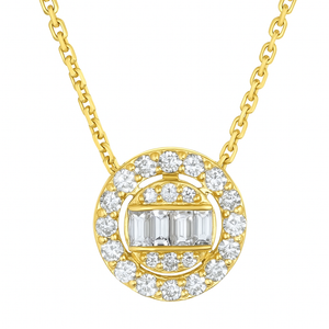 Yellow Gold Necklace setting with Baguette cut and round diamond halo Style, 18k, TDW: 0.2ct