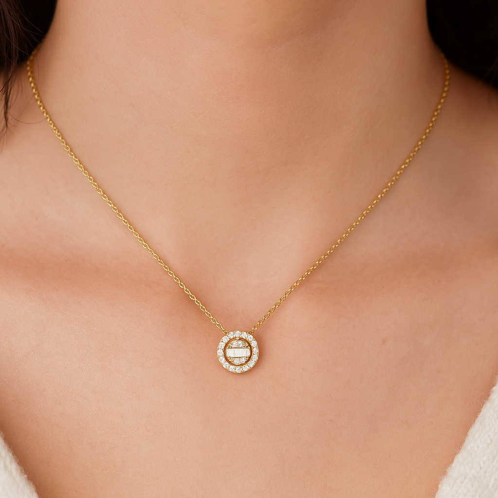 Yellow Gold Necklace setting with Baguette cut and round diamond halo Style, 18k, TDW: 0.2ct