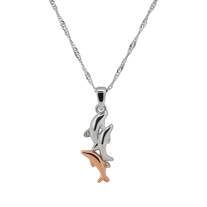 10K Two-Tone Gold Diamond Triple Dolphin Pendant Necklace.