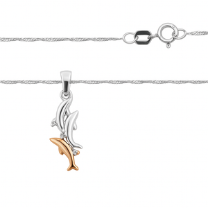 Three Dolphins Pendent setting with two Diamonds and Chain , 10k