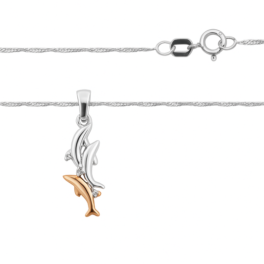 Three Dolphins Pendent setting with two Diamonds and Chain , 10k