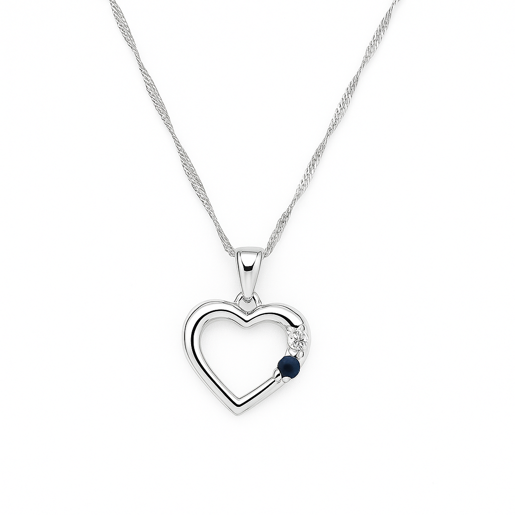White Gold Chain and Heart Pendant setting with one Diamond and a Sapphire, 10k
