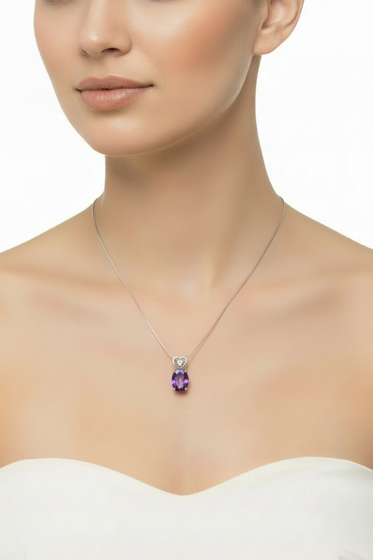 White Gold Necklace with Amethyst and Diamond, 10k