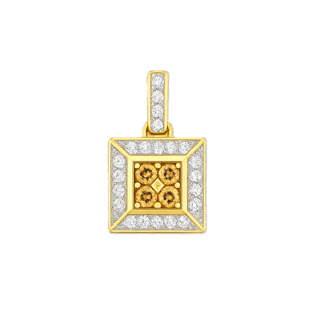 Yellow Gold Square Design Pendent setting with white and Champagne Diamonds, 9k