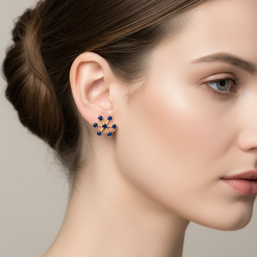18K Yellow Gold Flower Stud Earrings with Synthetic Sapphire 2gr