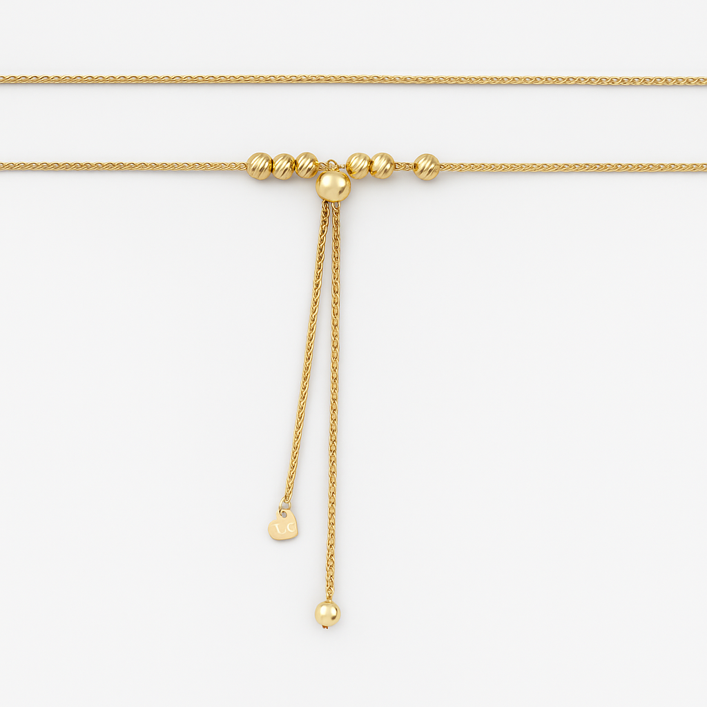 Yellow gold Slide Chain Necklace with moving gold balls, 10k