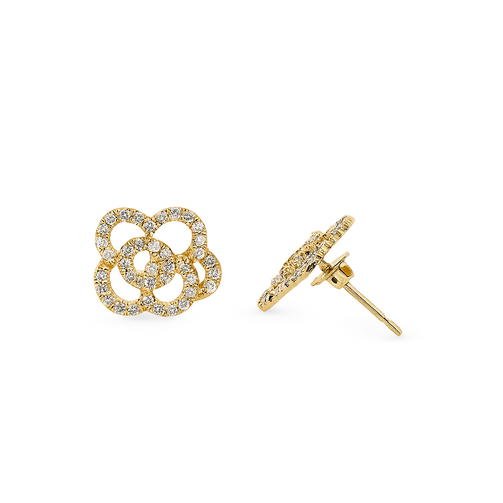 Yellow Gold Flower style Earrings setting with Diamonds, TDW: 0.5ct , VS, G-H