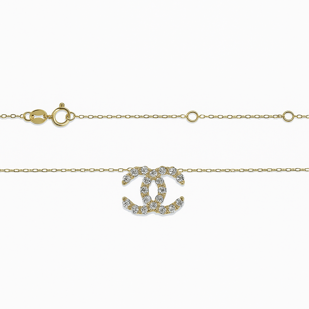 Yellow Gold Sparkling Double C Chain Necklace setting with Diamonds: TDW:0.5ct, SI, G-H, 18k