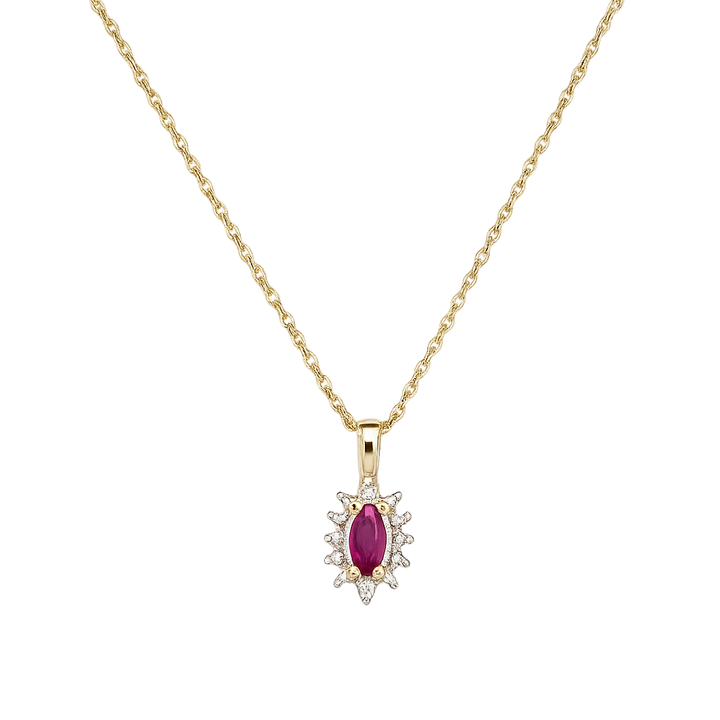 14K Yellow Gold Marquise Shaped Ruby and Diamond Cluster Necklace