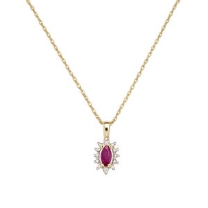 Yellow Gold Marquise Shaped Ruby and Diamond Cluster Necklace, 14k