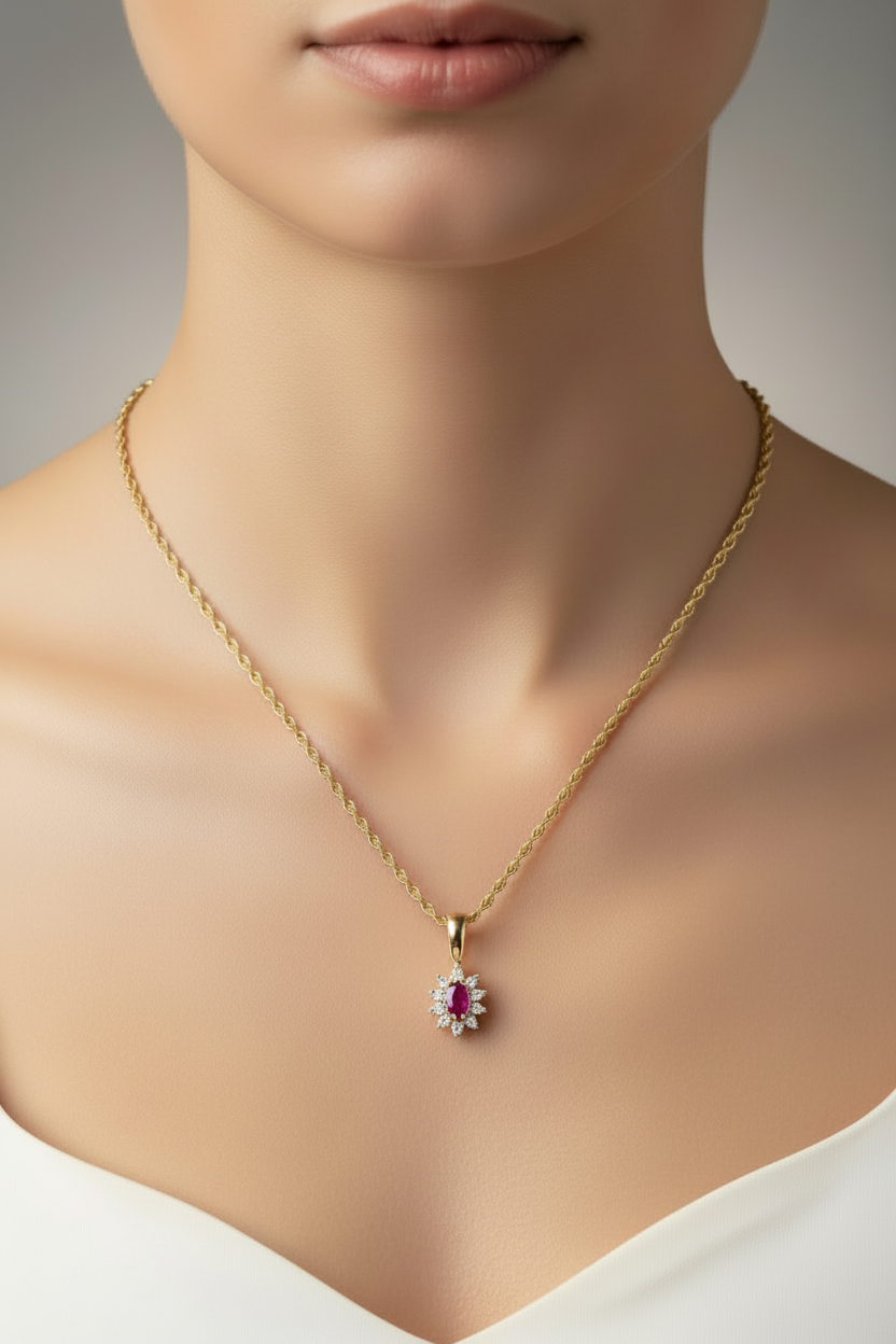 14K Yellow Gold Marquise Shaped Ruby and Diamond Cluster Necklace
