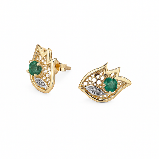 Yellow Gold Leaf -like Shape with a Filigree Pattern Emerald and Diamond Earrings, 14k