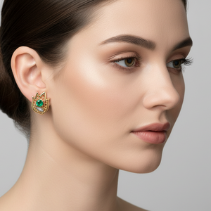14K Yellow Gold Leaf – like Shape with a Filigree Pattern Emerald and Diamond Earrings