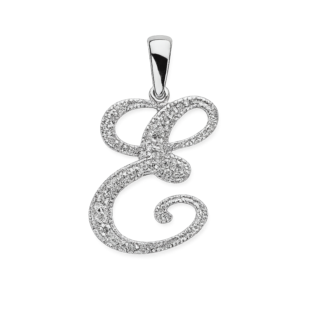 White Gold letter "E" Initial Diamond Pendant, 10k