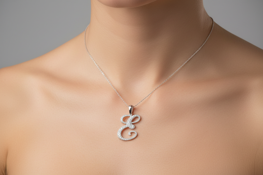 14K White Gold letter "E" Initial Diamond Pendant
