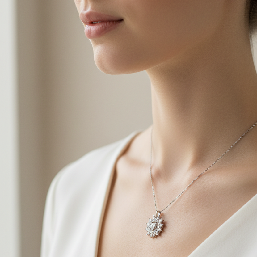 18K White Gold Diamond Cluster Pendant 0.67gr