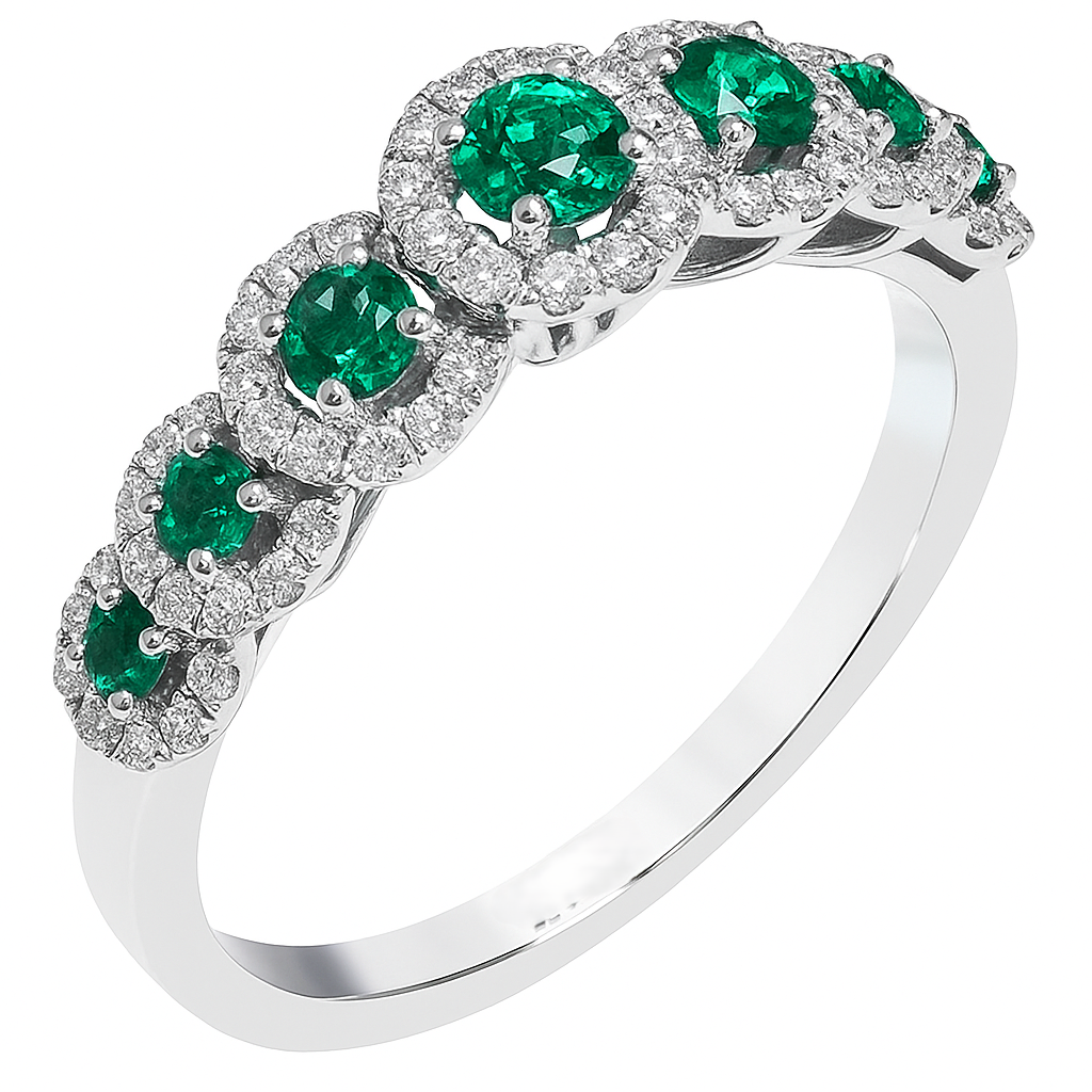 White Gold Emerald & Diamond Band Ring 14k, TDW: 0.25, SI1 ,GH, E:0.35