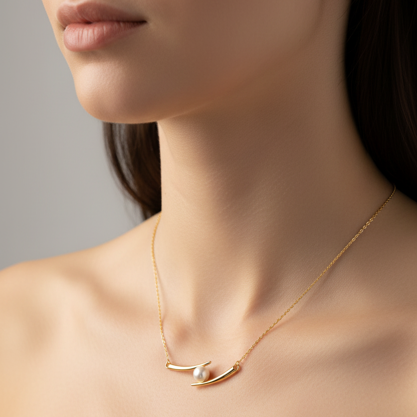 18K Yellow Gold Pearl Bar Necklace