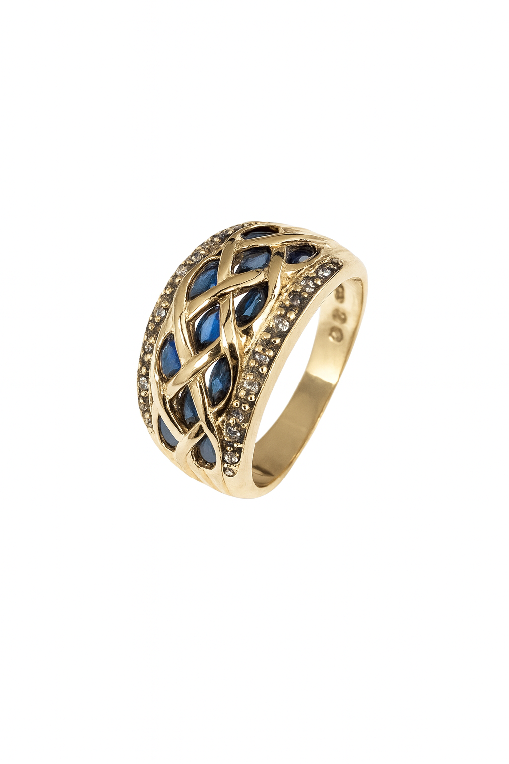 Vintage Yellow Gold Ring setting with 11 Sapphire, and 14 Diamonds, 10k, TDW: 0.1ct, S: 1.1ct