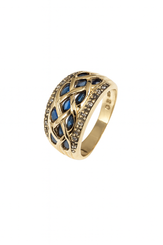 Vintage Yellow Gold Ring setting with 11 Sapphire, and 14 Diamonds, 10k, TDW: 0.1ct, S: 1.1ct