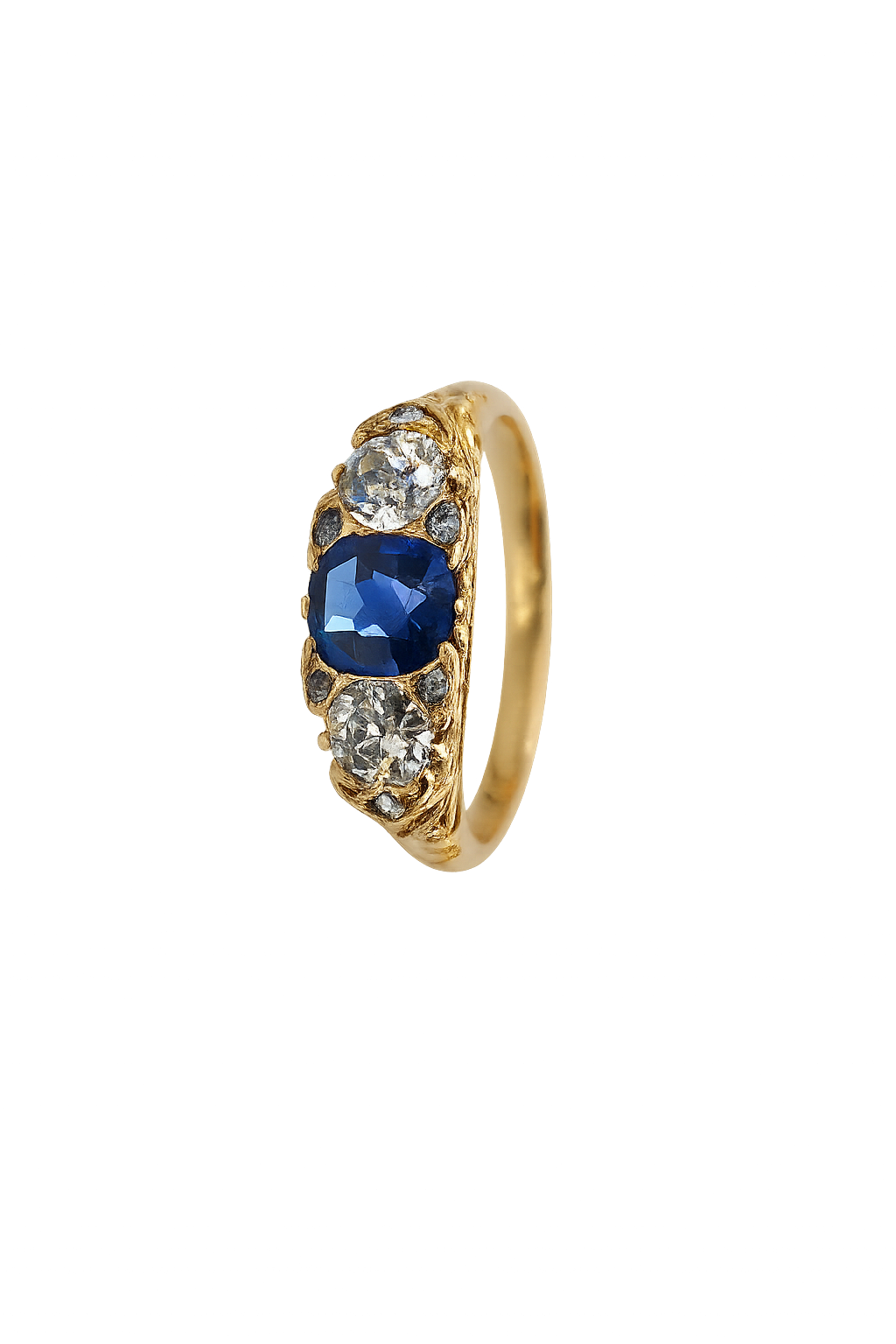 Vintage Yellow Gold State Ring 14k ,Filigree Style setting with two Diamonds and one round Sapphire, TDW: 0.5ct,VS1, DF, S: 0.65ct